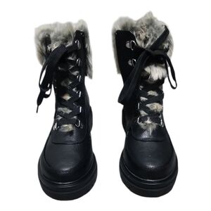 Sun Stone Womens  Black Faux Leather Fur Cuffed Lace-Up Boots Size 6 NWOT